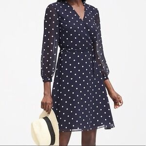 Banana Republic Navy White Polka Dot (Faux) Wrap Dress Sz 8 Knee Length